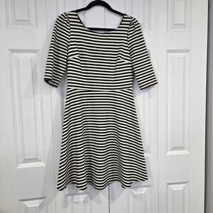 Pixley by Stitch Fix Kathy Black Striped Stretch Fit & Flare V-Back Dress Size M